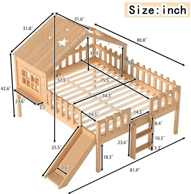 Alt view image 2 of 7 - Full Low Loft Bed with Slide and Led Light, Wood House Loft Bed with Storage Shelf for Kids, No Box Spring Needed, Natural