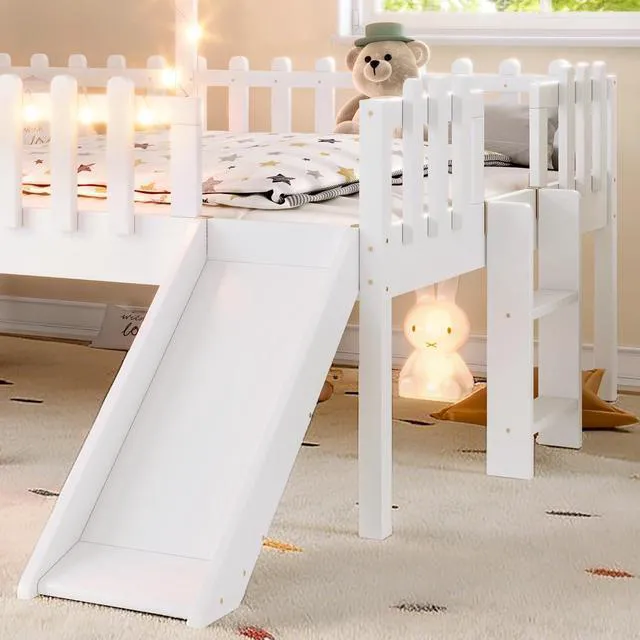 Alt view image 5 of 7 - Full Size Kids Low Loft Bed with Slide, White