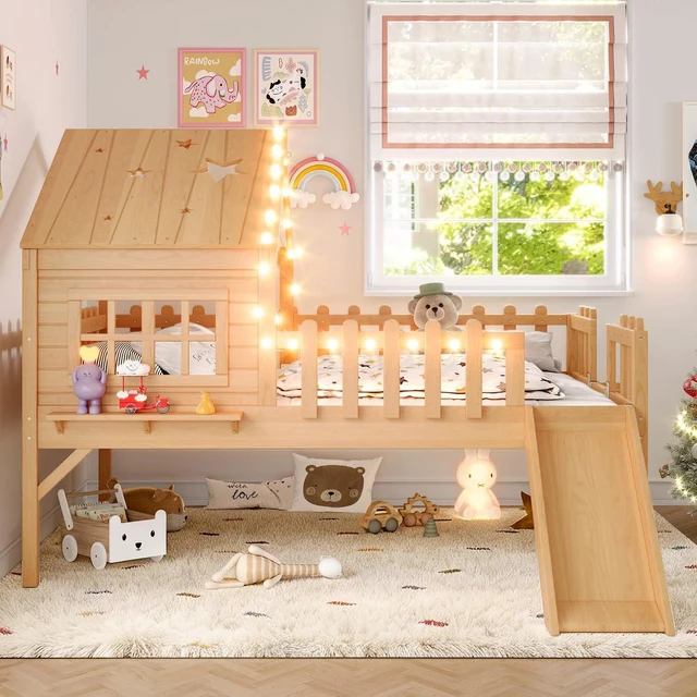 Alt view image 3 of 7 - Full Low Loft Bed with Slide and Led Light, Wood House Loft Bed with Storage Shelf for Kids, No Box Spring Needed, Natural