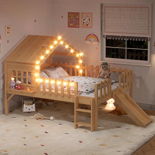 Alt view image 4 of 7 - Full Low Loft Bed with Slide and Led Light, Wood House Loft Bed with Storage Shelf for Kids, No Box Spring Needed, Natural