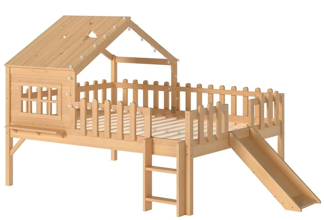 Alt view image 6 of 7 - Full Low Loft Bed with Slide and Led Light, Wood House Loft Bed with Storage Shelf for Kids, No Box Spring Needed, Natural