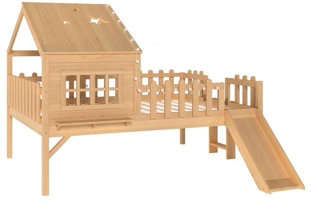 Alt view image 5 of 7 - Full Low Loft Bed with Slide and Led Light, Wood House Loft Bed with Storage Shelf for Kids, No Box Spring Needed, Natural