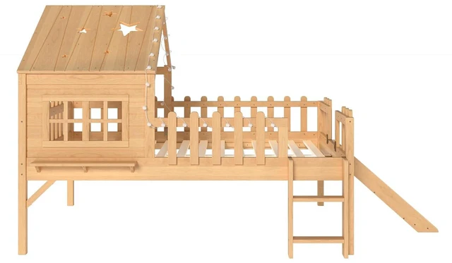 Alt view image 7 of 7 - Full Low Loft Bed with Slide and Led Light, Wood House Loft Bed with Storage Shelf for Kids, No Box Spring Needed, Natural