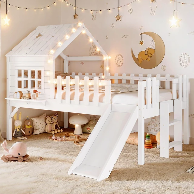 Main image of House Shaped Loft Bed Twin with Slide, Wood Low Loft Bed with Led Light and Shelf for Kids, No Box Spring Needed, White