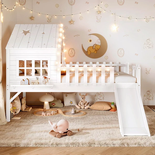 Alt view image 3 of 7 - House Shaped Loft Bed Twin with Slide, Wood Low Loft Bed with Led Light and Shelf for Kids, No Box Spring Needed, White
