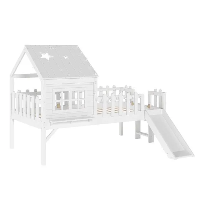 Alt view image 5 of 7 - House Shaped Loft Bed Twin with Slide, Wood Low Loft Bed with Led Light and Shelf for Kids, No Box Spring Needed, White