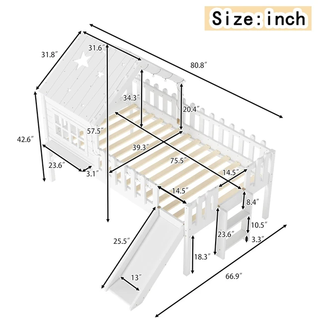 Alt view image 2 of 7 - House Shaped Loft Bed Twin with Slide, Wood Low Loft Bed with Led Light and Shelf for Kids, No Box Spring Needed, White
