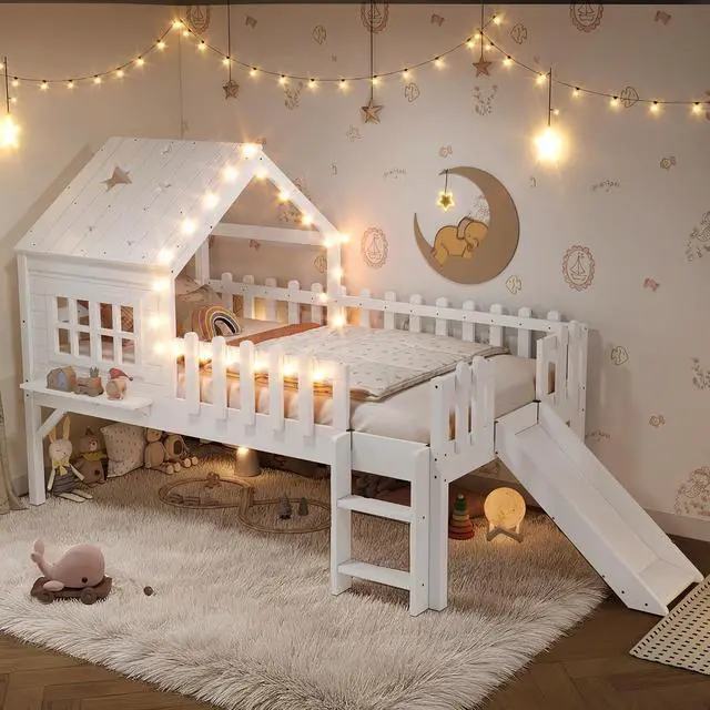 Alt view image 4 of 7 - House Shaped Loft Bed Twin with Slide, Wood Low Loft Bed with Led Light and Shelf for Kids, No Box Spring Needed, White