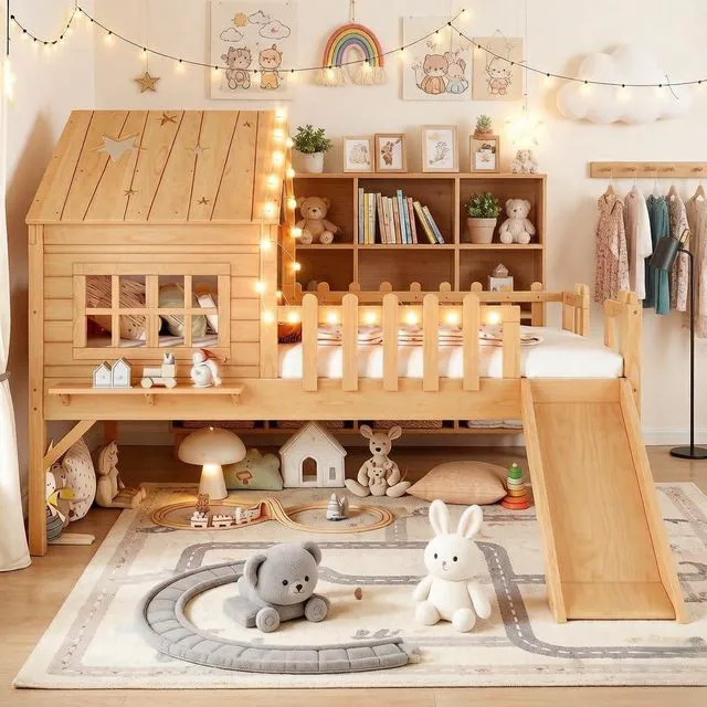 Main image of Kids Low Loft Bed with Slide, Natural
