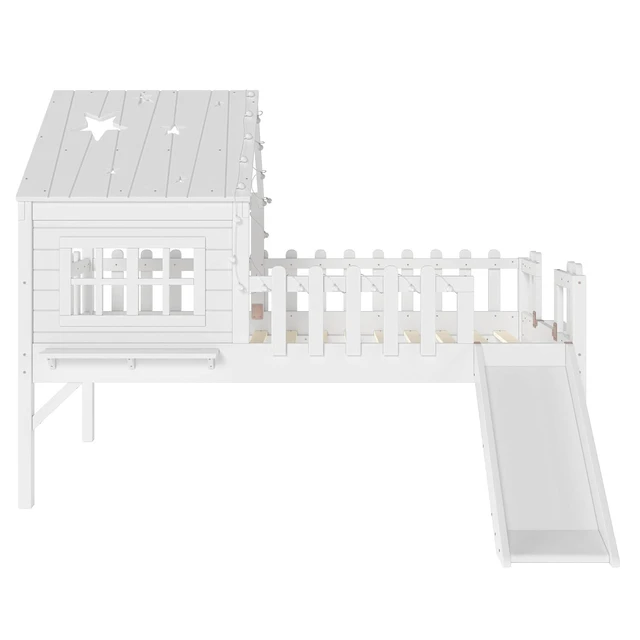 Alt view image 6 of 7 - House Shaped Loft Bed Twin with Slide, Wood Low Loft Bed with Led Light and Shelf for Kids, No Box Spring Needed, White
