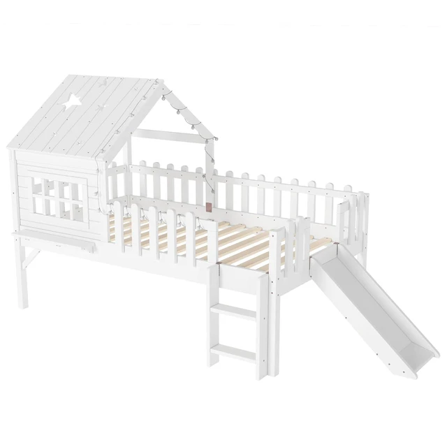 Alt view image 7 of 7 - House Shaped Loft Bed Twin with Slide, Wood Low Loft Bed with Led Light and Shelf for Kids, No Box Spring Needed, White