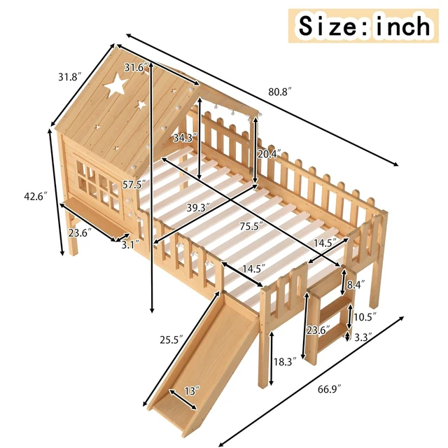 Alt view image 2 of 7 - Kids Low Loft Bed with Slide, Natural