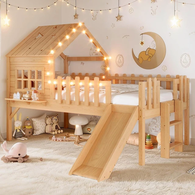 Alt view image 3 of 7 - Kids Low Loft Bed with Slide, Natural