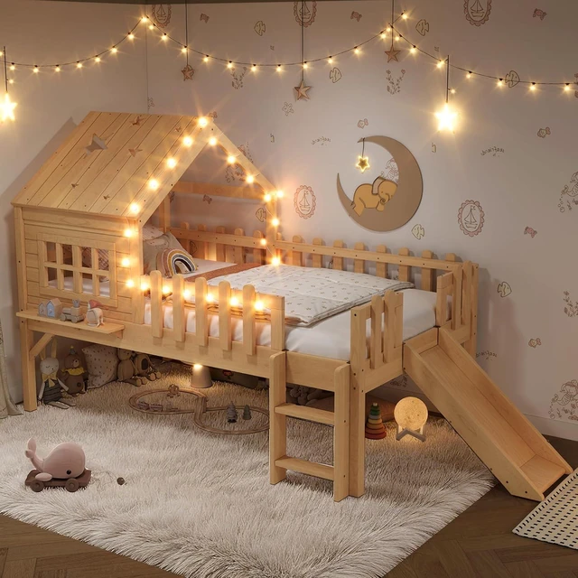 Alt view image 4 of 7 - Kids Low Loft Bed with Slide, Natural