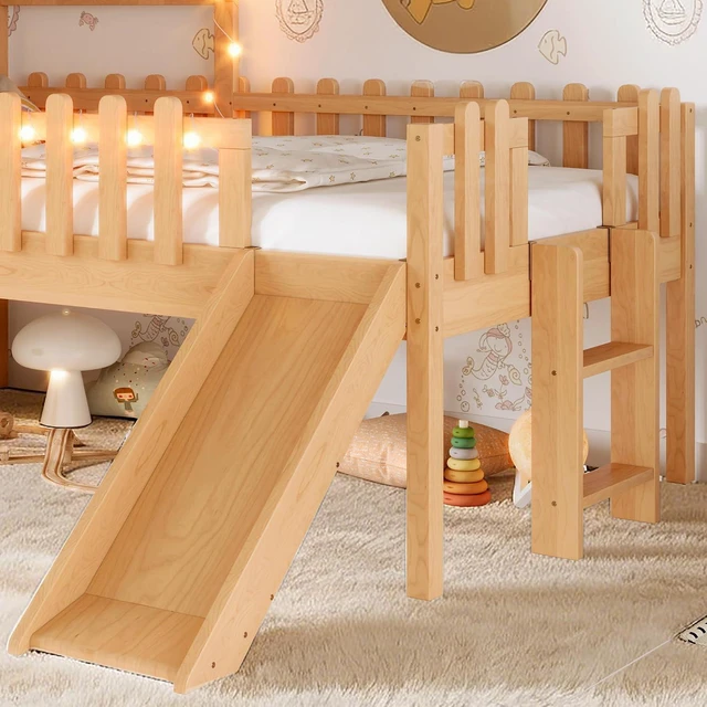 Alt view image 6 of 7 - Kids Low Loft Bed with Slide, Natural
