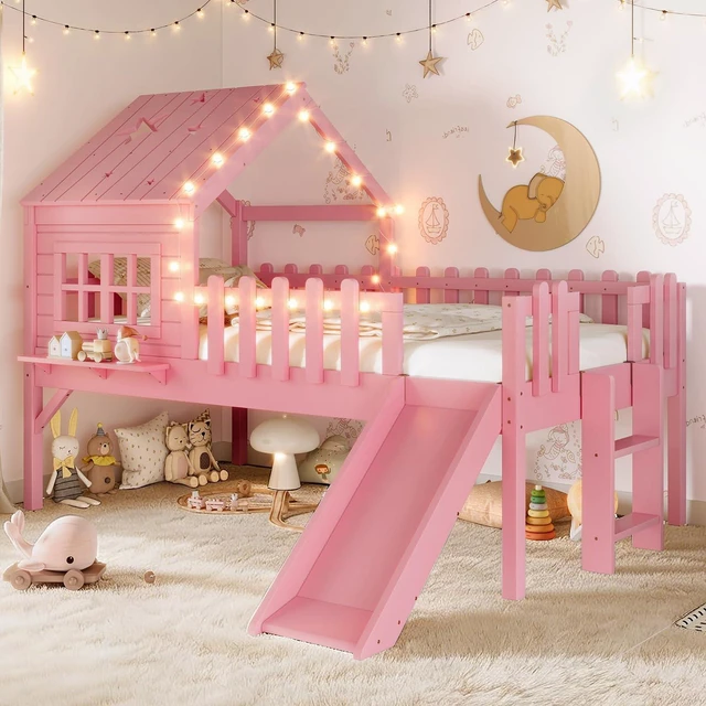 Main image of House Shaped Loft Bed Twin with Slide, Wood Low Loft Bed with Led Light and Shelf for Kids, No Box Spring Needed, Pink