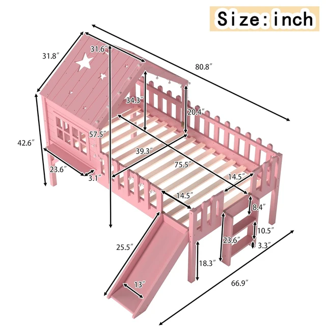 Alt view image 2 of 7 - House Shaped Loft Bed Twin with Slide, Wood Low Loft Bed with Led Light and Shelf for Kids, No Box Spring Needed, Pink
