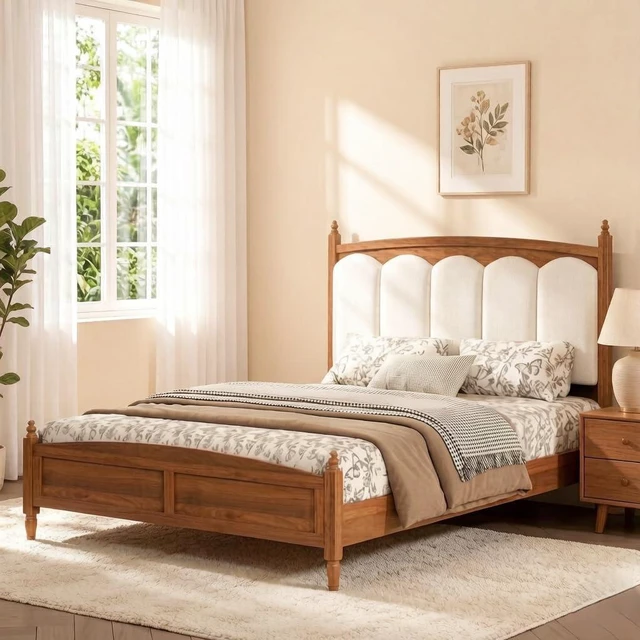 Main image of Wood Queen Antique Bed Frame with Upholstered Headboard, Brown