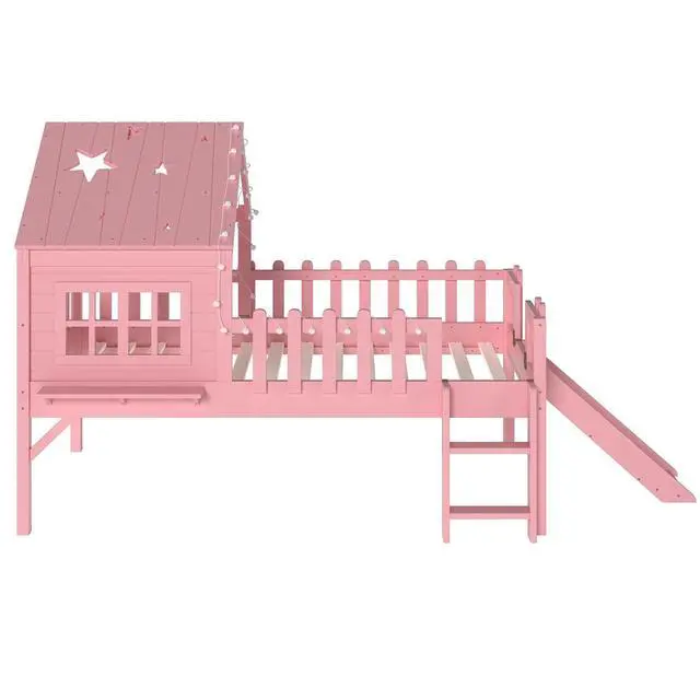 Alt view image 5 of 7 - House Shaped Loft Bed Twin with Slide, Wood Low Loft Bed with Led Light and Shelf for Kids, No Box Spring Needed, Pink