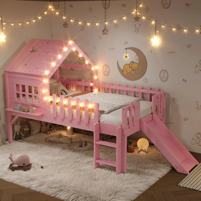 Alt view image 4 of 7 - House Shaped Loft Bed Twin with Slide, Wood Low Loft Bed with Led Light and Shelf for Kids, No Box Spring Needed, Pink