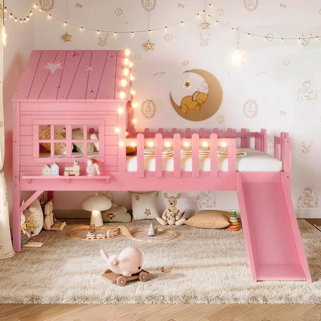Alt view image 3 of 7 - House Shaped Loft Bed Twin with Slide, Wood Low Loft Bed with Led Light and Shelf for Kids, No Box Spring Needed, Pink