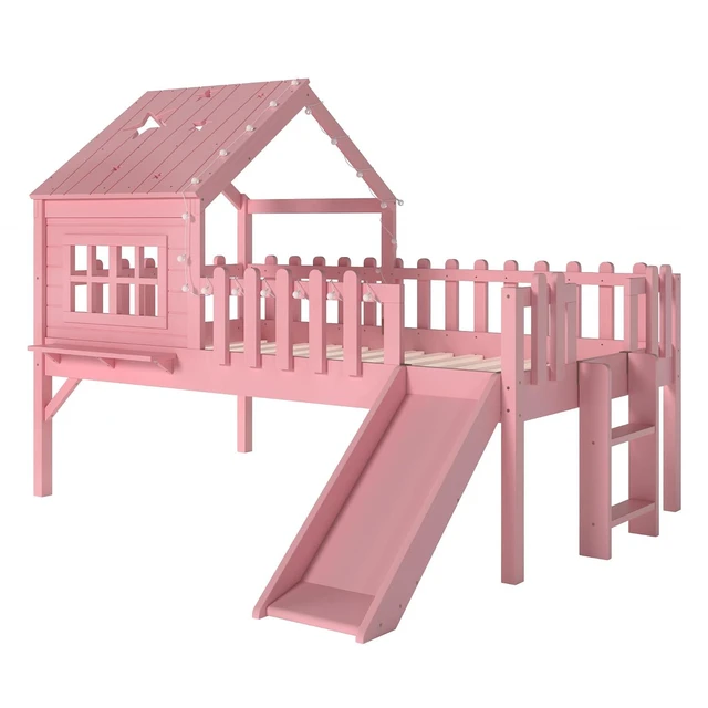 Alt view image 7 of 7 - House Shaped Loft Bed Twin with Slide, Wood Low Loft Bed with Led Light and Shelf for Kids, No Box Spring Needed, Pink