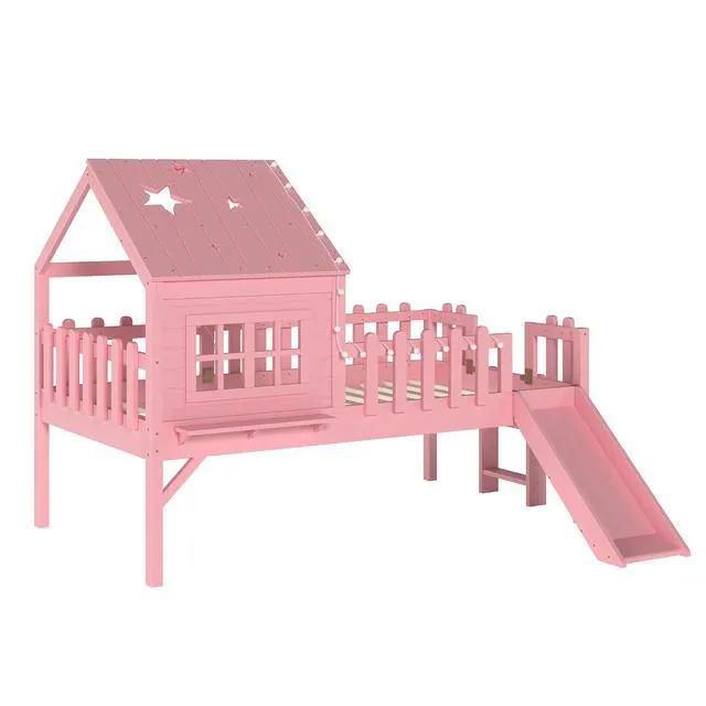 Alt view image 6 of 7 - House Shaped Loft Bed Twin with Slide, Wood Low Loft Bed with Led Light and Shelf for Kids, No Box Spring Needed, Pink
