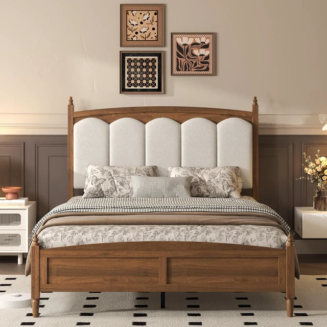 Alt view image 3 of 7 - Wood Queen Antique Bed Frame with Upholstered Headboard, Brown