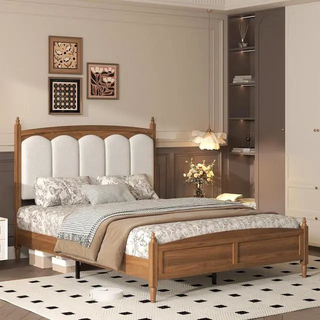 Alt view image 4 of 7 - Wood Queen Antique Bed Frame with Upholstered Headboard, Brown