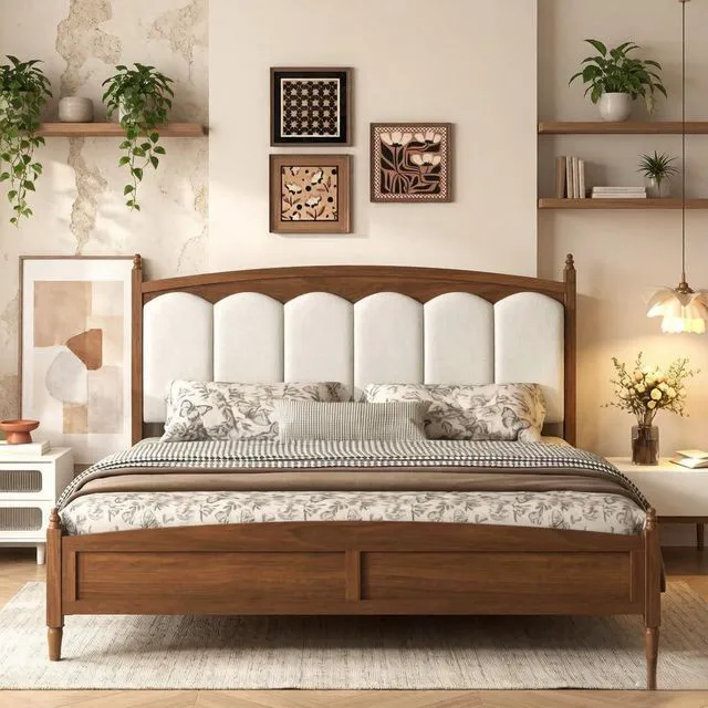Main image of Solid Wood King Bed Frame with Upholstered Headboard, Brown