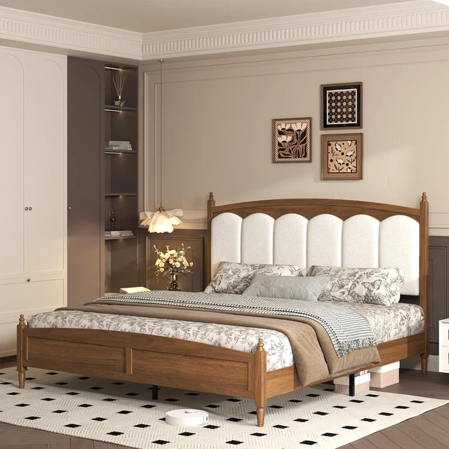Alt view image 4 of 7 - Solid Wood King Bed Frame with Upholstered Headboard, Brown