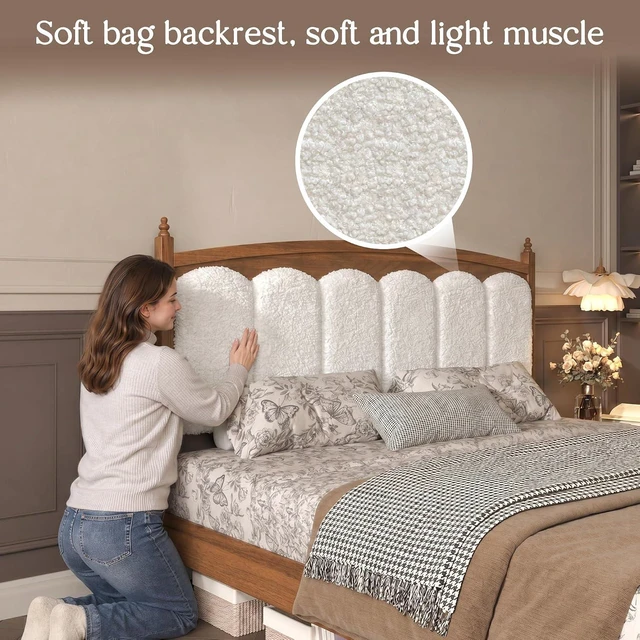 Alt view image 5 of 7 - Solid Wood King Bed Frame with Upholstered Headboard, Brown