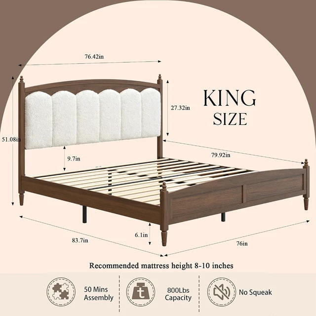 Alt view image 2 of 7 - King Size Solid Wood Bed Frame with Upholstered Headboard, Minimalist Platform Bed with Underbed Storage, Noise-Free Slat Support and No Box Spring Needed, Brown