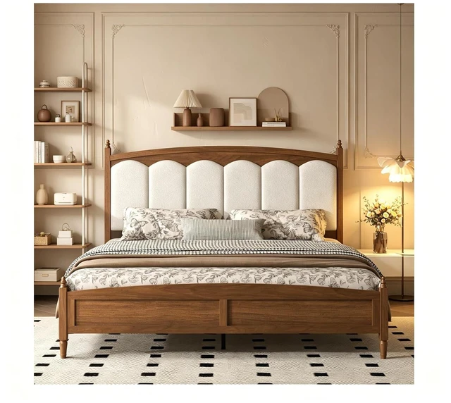 Main image of King Size Solid Wood Bed Frame with Upholstered Headboard, Minimalist Platform Bed with Underbed Storage, Noise-Free Slat Support and No Box Spring Needed, Brown