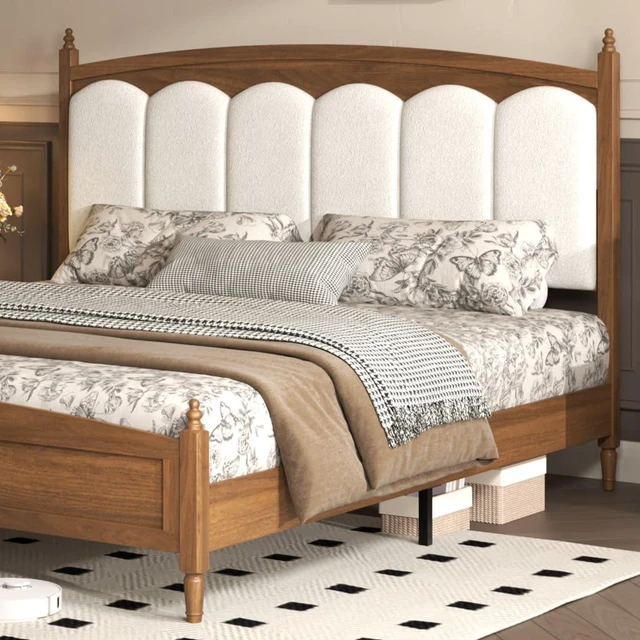 Alt view image 7 of 7 - King Size Solid Wood Bed Frame with Upholstered Headboard, Minimalist Platform Bed with Underbed Storage, Noise-Free Slat Support and No Box Spring Needed, Brown