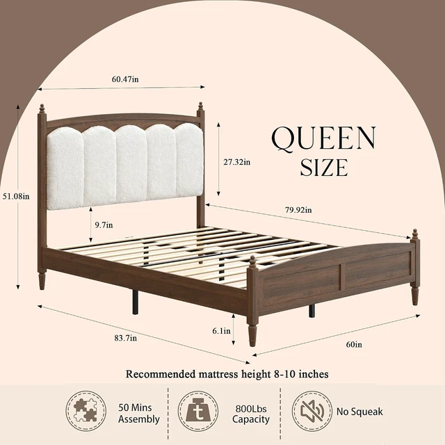 Alt view image 2 of 7 - Queen Size Solid Wood Bed Frame with Upholstered Headboard, Minimalist Platform Bed with Underbed Storage, Noise-Free Slat Support and No Box Spring Needed, Brown