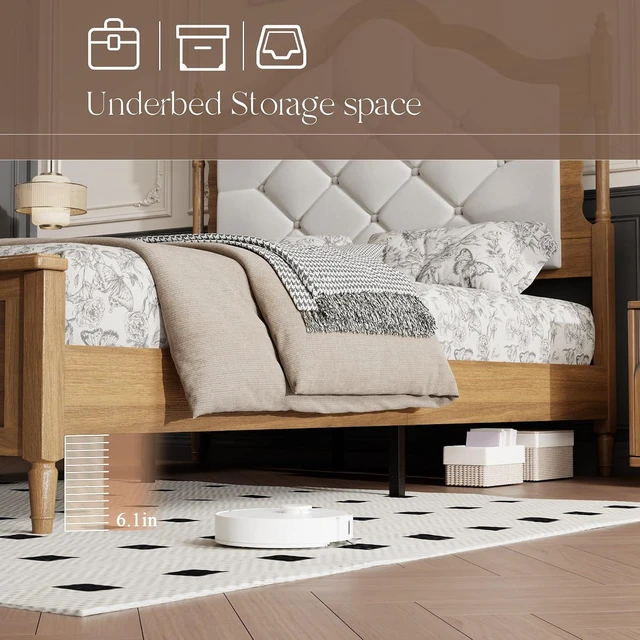 Alt view image 4 of 7 - Queen Size Solid Wood Bed Frame with Upholstered Headboard, Minimalist Platform Bed with Underbed Storage, Noise-Free Slat Support and No Box Spring Needed, Brown