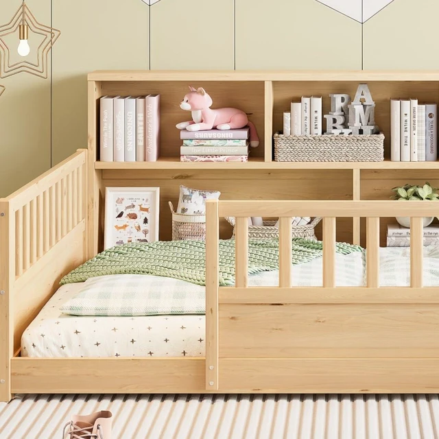 Alt view image 3 of 7 - Full Size Kids Platform Bed with Bookcase Headboard and Storage Shelves, Montessori Floor Bed & Reading Nook Bed, Space Saving and No Box Spring Required, Natural
