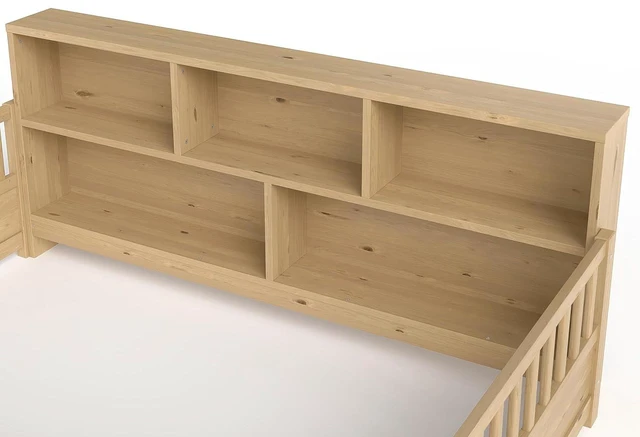 Alt view image 4 of 7 - Full Size Kids Platform Bed with Bookcase Headboard and Storage Shelves, Montessori Floor Bed & Reading Nook Bed, Space Saving and No Box Spring Required, Natural