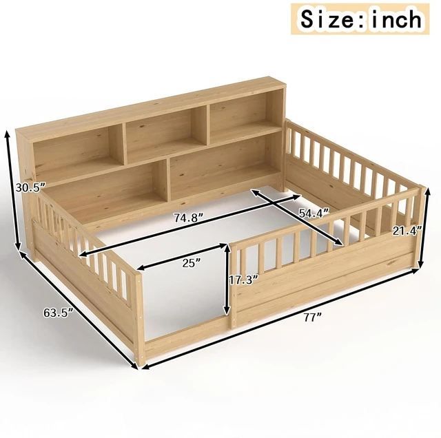 Alt view image 2 of 7 - Full Size Kids Platform Bed with Bookcase Headboard and Storage Shelves, Montessori Floor Bed & Reading Nook Bed, Space Saving and No Box Spring Required, Natural