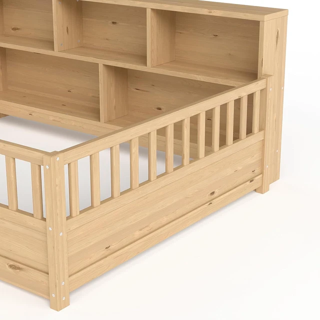 Alt view image 5 of 7 - Full Size Kids Platform Bed with Bookcase Headboard and Storage Shelves, Montessori Floor Bed & Reading Nook Bed, Space Saving and No Box Spring Required, Natural