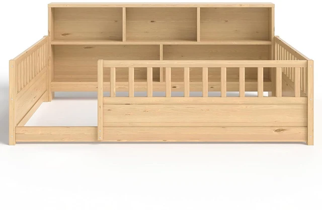 Alt view image 7 of 7 - Full Size Kids Platform Bed with Bookcase Headboard and Storage Shelves, Montessori Floor Bed & Reading Nook Bed, Space Saving and No Box Spring Required, Natural
