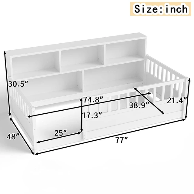Alt view image 2 of 7 - Twin Size Kids Platform Bed with Bookcase Headboard and Storage Shelves, Montessori Floor Bed & Reading Nook Bed, Space Saving and No Box Spring Required, White