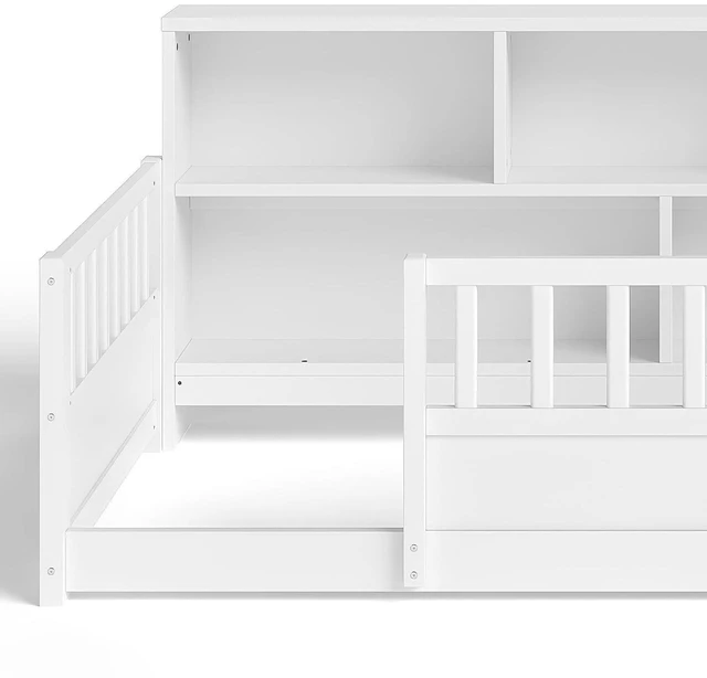 Alt view image 5 of 7 - Twin Size Kids Platform Bed with Bookcase Headboard and Storage Shelves, Montessori Floor Bed & Reading Nook Bed, Space Saving and No Box Spring Required, White