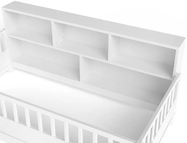 Alt view image 4 of 7 - Twin Size Kids Platform Bed with Bookcase Headboard and Storage Shelves, Montessori Floor Bed & Reading Nook Bed, Space Saving and No Box Spring Required, White