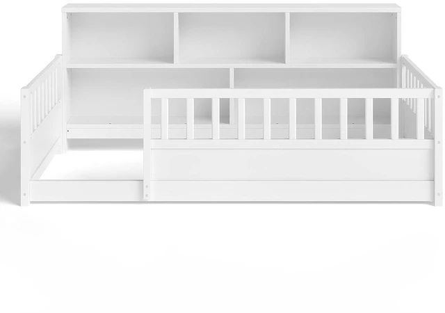 Alt view image 6 of 7 - Twin Size Kids Platform Bed with Bookcase Headboard and Storage Shelves, Montessori Floor Bed & Reading Nook Bed, Space Saving and No Box Spring Required, White