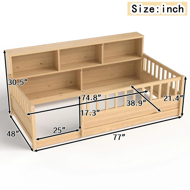 Alt view image 2 of 7 - Twin Size Kids Platform Bed with Bookcase Headboard and Storage Shelves, Montessori Floor Bed & Reading Nook Bed, Space Saving and No Box Spring Required, Natural