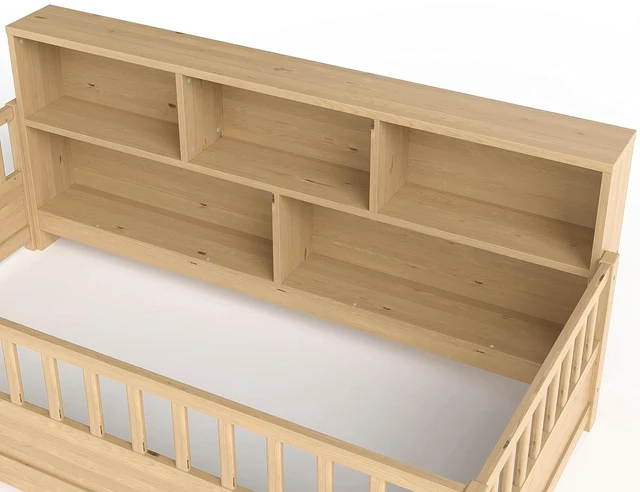 Alt view image 4 of 7 - Twin Size Kids Platform Bed with Bookcase Headboard and Storage Shelves, Montessori Floor Bed & Reading Nook Bed, Space Saving and No Box Spring Required, Natural