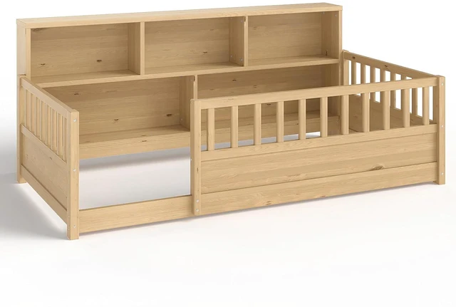 Alt view image 7 of 7 - Twin Size Kids Platform Bed with Bookcase Headboard and Storage Shelves, Montessori Floor Bed & Reading Nook Bed, Space Saving and No Box Spring Required, Natural