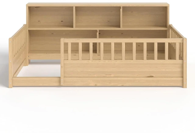 Alt view image 6 of 7 - Twin Size Kids Platform Bed with Bookcase Headboard and Storage Shelves, Montessori Floor Bed & Reading Nook Bed, Space Saving and No Box Spring Required, Natural